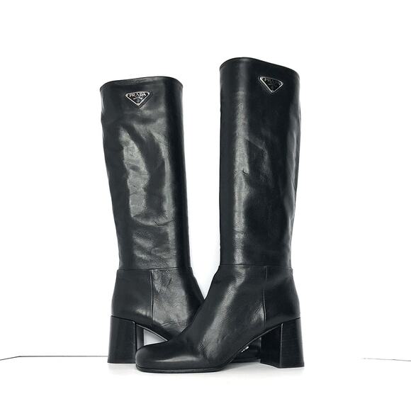 Prada Triangle Logo Plaque Knee High Pull On Block Heel Leather Boots 38 - Picture 2 of 9